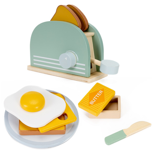 Toster zabawka drewniana dla dzieci, jajko, tost zestaw śniadaniowy 9 el. multikolor