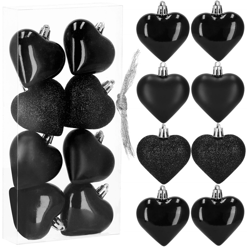 Bombki choinkowe 8 szt. ozdoby świąteczne 7 cm serca, czarne