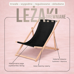 Leżak ogrodowy, drewniany z 3-stopniową regulacją, plażowy, balkonowy, czarny