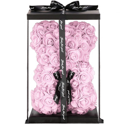 Miś z płatków róż 22 cm rose bear z kokardką i opakowaniem różowy
