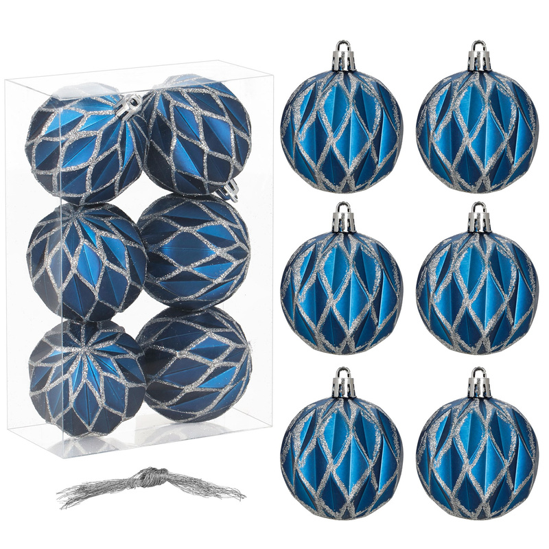 Bombki choinkowe 7 cm 6 szt.  zestaw ozdoby świąteczne zdobione matowe, niebiesko-srebrne
