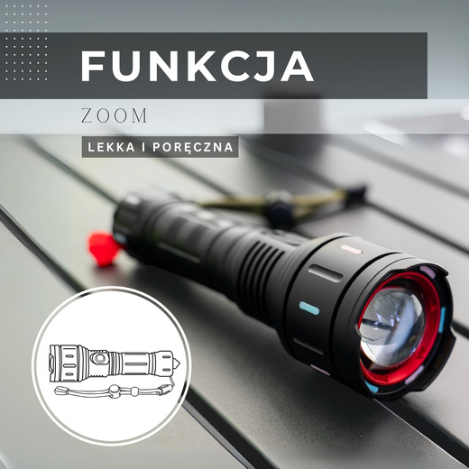 Latarka taktyczna LED wojskowa wielofunkcyjna z zoomem akumulatorowa czarna
