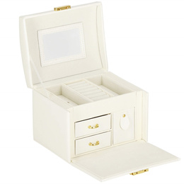 Szkatułka na biżuterię ekoskóra 17,5x12x13,5 cm kremowy organizer z przegródkami