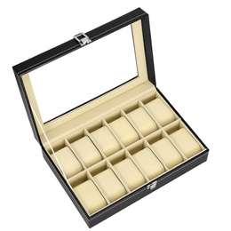 Szkatułka na zegarki 30x20x8 cm czarno-kremowa, ekoskóra organizer z 12 przegródkami
