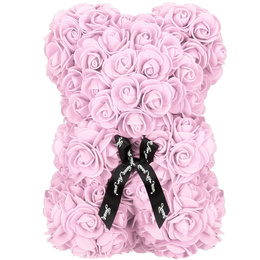 Miś z płatków róż 22 cm rose bear z kokardką i opakowaniem różowy