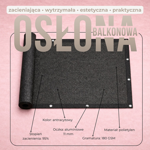Osłona balkonowa, maskująca 1x6 m mata na balkon zacieniająca 95% z opaskami antracyt