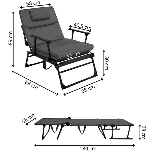 Leżak ogrodowy 2w1 fotel rozkładany łóżko polowe z poduszką i zagłówkiem turystyczny