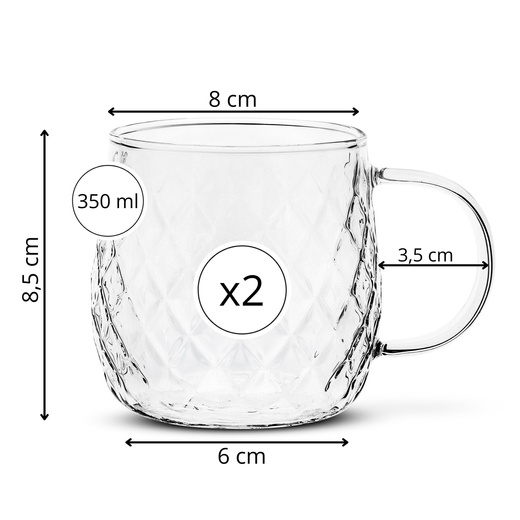 Szklanka do kawy, herbaty, napojów 350 ml zestaw 2 szt. szklanek z uchem