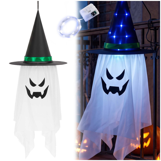 Dekoracja na Halloween duch w kapeluszu świecący ozdoba LED wisząca podświetlana duszek