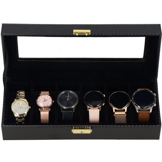 Szkatułka na zegarki 30x11x8 cm czarna ekoskóra organizer z 6 przegródkami