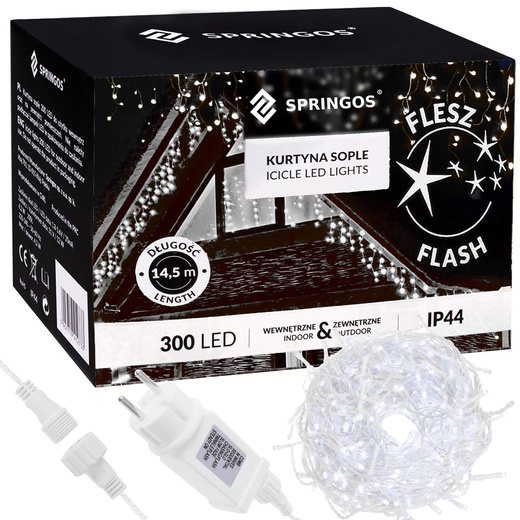 Kurtyna świetlna 300 led girlanda, lampki wewnętrzno-zewnętrzne 15,5 m sople biały zimny + flash