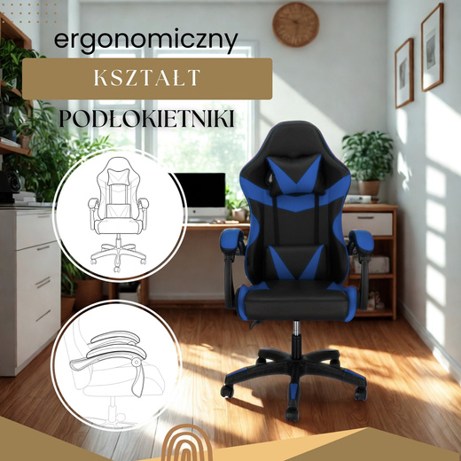 Fotel gamingowy, biurowy z regulacją nachylenia oparcia, krzesło obrotowe dla gracza, ekoskóra, czarno-niebieski