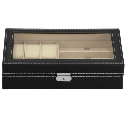 Szkatułka na zegarki 30x20x8cm czarno-kremowy, ekoskóra organizer z przegródkami i lusterkiem