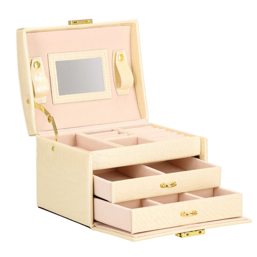 Szkatułka na biżuterię ekoskóra 17,5x14x12,5 cm ecru organizer z przegródkami