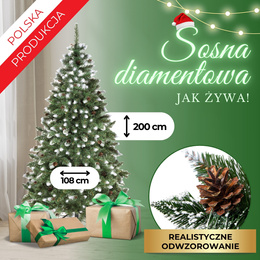 Choinka sztuczna 200 cm sosna diamentowa ośnieżona z szyszkami