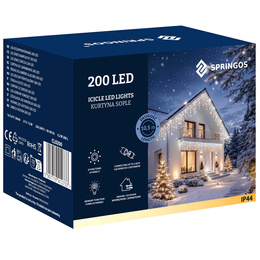 Kurtyna świetlna 200 led girlanda, lampki wewnętrzno-zewnętrzne sople zimny biały
