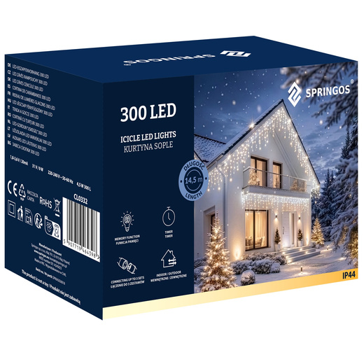 Kurtyna świetlna 300 led girlanda, lampki wewnętrzno-zewnętrzne sople biały ciepły + biały flash