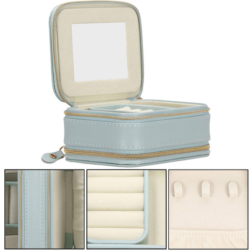Szkatułka na biżuterię ekoskóra 11,5x8,5x5,5 cm błękitny organizer z przegródkami i lusterkiem