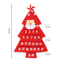 Kalendarz adwentowy, wiszący z 24 okienkami filcowy choinka z mikołajem czerwony