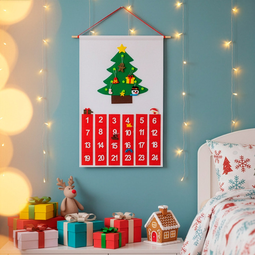 Kalendarz adwentowy, wiszący z 24 przegródkami, 10 zawieszek na choinkę, multikolor