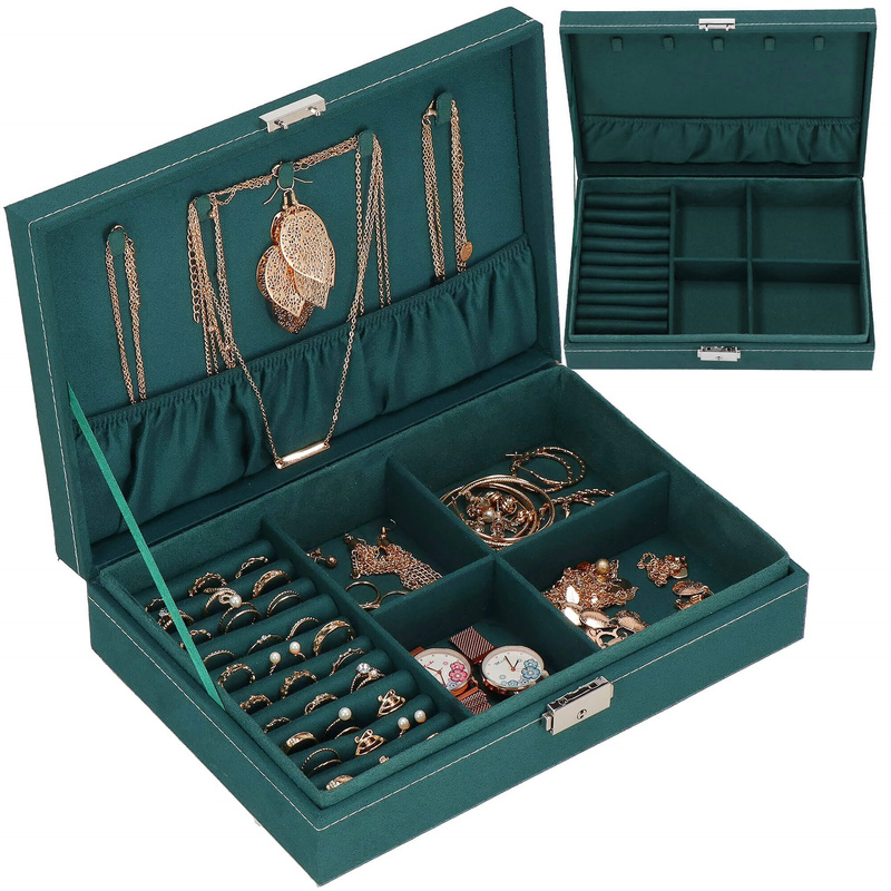 Szkatułka na biżuterię 28x19,5x7 cm zielony welurowy organizer z przegródkami