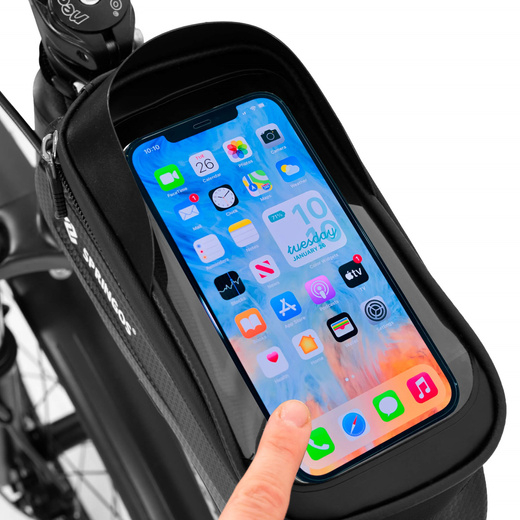 Sakwa rowerowa na ramę z pokrowcem na telefon, torba rowerowa wodoodporna, czarna