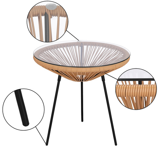Zestaw mebli rattanowych 2 fotele ażurowe i okrągły stolik ze szklanym blatem beżowy
