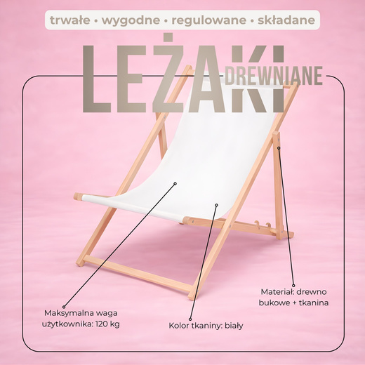 Leżak ogrodowy, drewniany z 3-stopniową regulacją, plażowy, balkonowy, biały