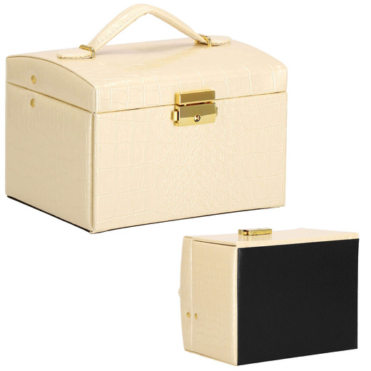 Szkatułka na biżuterię ekoskóra 17,5x14x12,5 cm ecru organizer z przegródkami