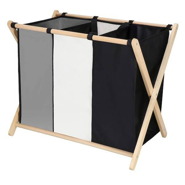 Kosz na pranie 105 L z trzema materiałowymi komorami, składany, czarny, szary, ecru