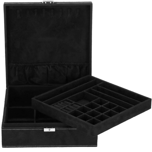Szkatułka na biżuterię 26x26x9 cm czarny, welurowy organizer z przegródkami