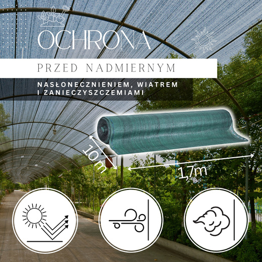 Siatka cieniująca 95% osłonowa 1,7x10m zielona, 185g/m2, 50 szt. opasek zaciskowych