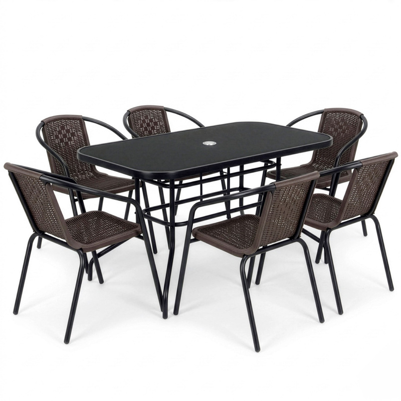 Meble ogrodowe metalowe zestaw stół 140x80 cm i 6 krzeseł na taras balkon czarno-brązowe