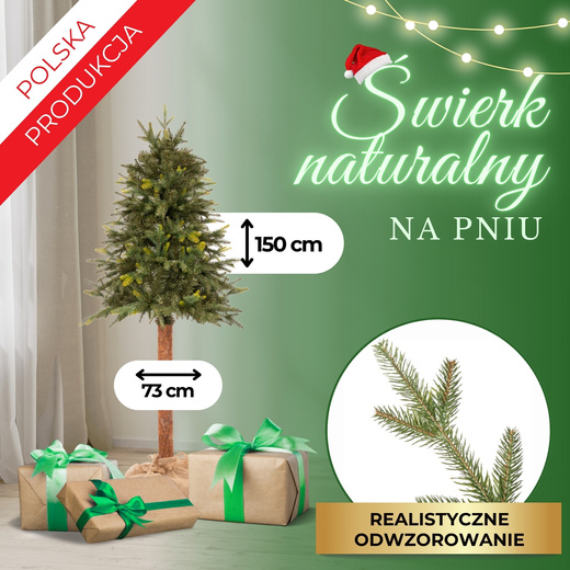 Choinka sztuczna na pniu 150 cm świerk naturalny ze stojakiem nowoczesny