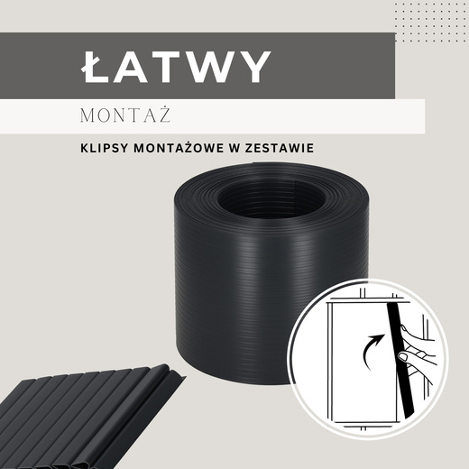 Taśma ogrodzeniowa z zestawem klipsów mocujących 20 szt. PVC 26 m x 19 cm 1200 g/m2 antracyt