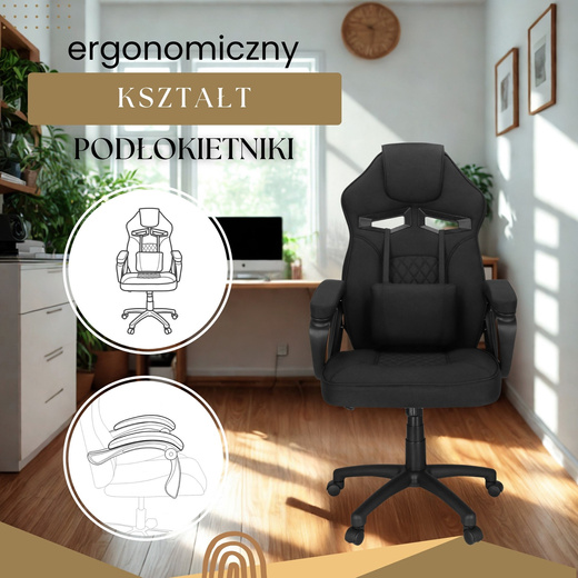 Fotel gamingowy, biurowy z regulacją wysokości, krzesło obrotowe dla gracza, czarny