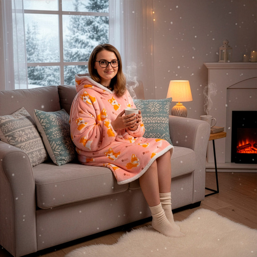 Kocobluza damska oversize koc bluza 2w1 z kapturem ciepła szlafrok futrzak piesek corgi