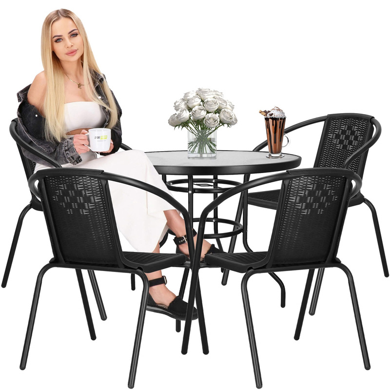 Meble tarasowe stolik kawowy ze szkła hartowanego, 4 krzesła metalowe do ogrodu czarne