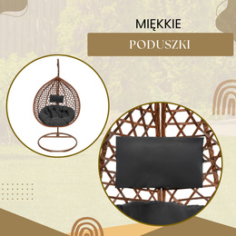 Kokon ogrodowy rattanowy z poduszkami fotel wiszący bujak huśtawka na metalowym stelażu brązowa