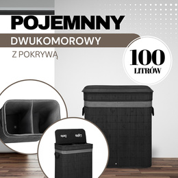Kosz na pranie 100L z pokrywą czarny bambus dwukomorowy 