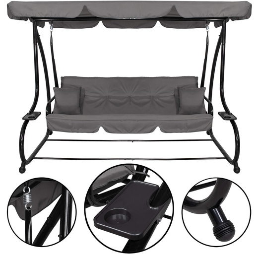 Huśtawka ogrodowa linda 4 osobowa 300 kg stalowa z regulowanym daszkiem szara