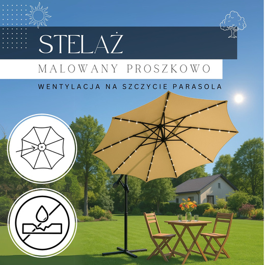 Parasol ogrodowy z oświetleniem led na wysięgniku 300 cm składany na balkon, taras ecru 