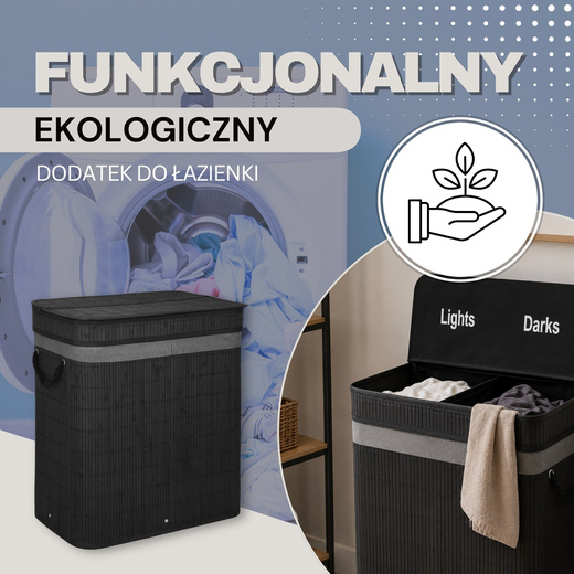 Kosz na pranie 100L z pokrywą czarny bambus dwukomorowy 