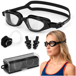 Okulary do pływania z zatyczkami do uszu, nosa zestaw okularki na basen UV Anti-fog