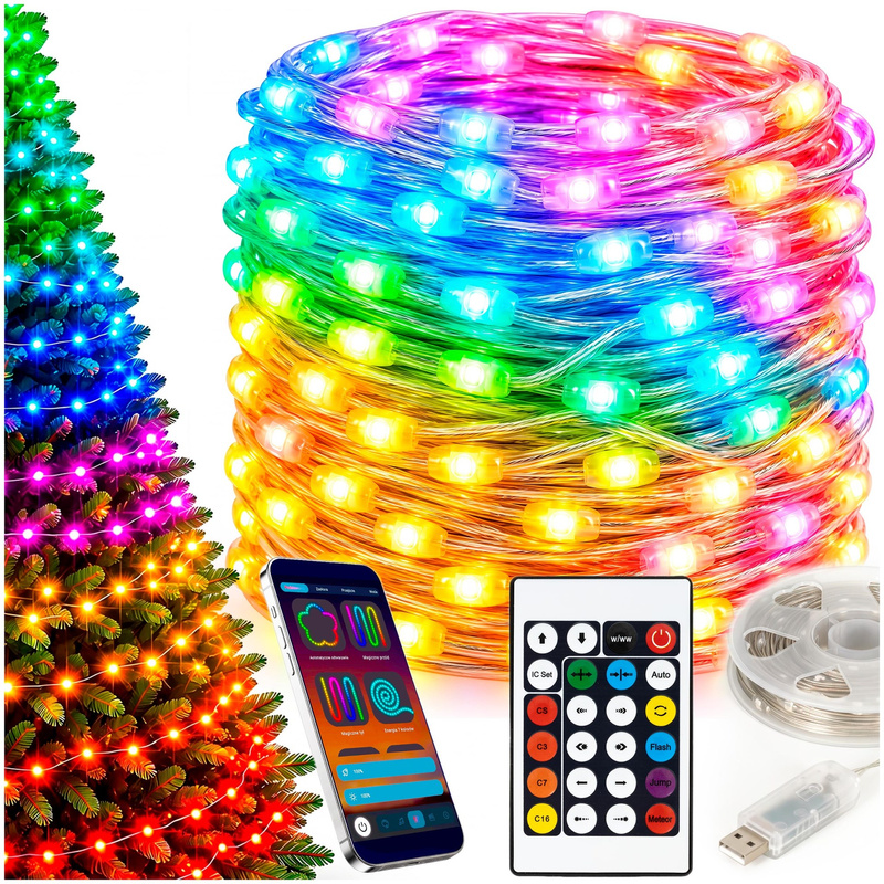 Lampki choinkowe zewnętrzne 100 LED 5 m Smart LED pilot, sterowanie Bluetooth IP44 multikolor