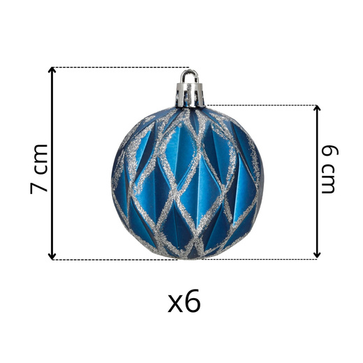 Bombki choinkowe 7 cm 6 szt.  zestaw ozdoby świąteczne zdobione matowe, niebiesko-srebrne