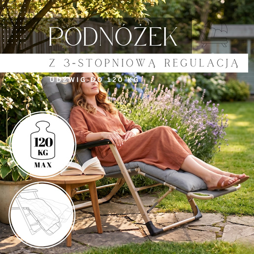 Leżak składany, metalowy zero gravity regulowana, leżanka ogrodowa szara