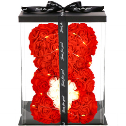Miś z płatków róż czerwony z sercem, 22 cm rose bear z lampkami LED biały ciepły