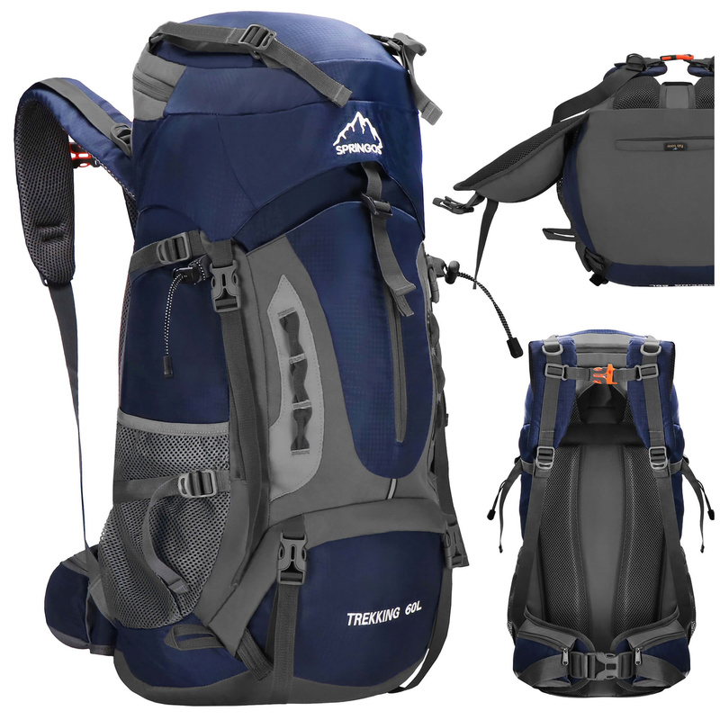 Plecak turystyczny 60 L trekkingowy wielofunkcyjny z gwizdkiem granatowy