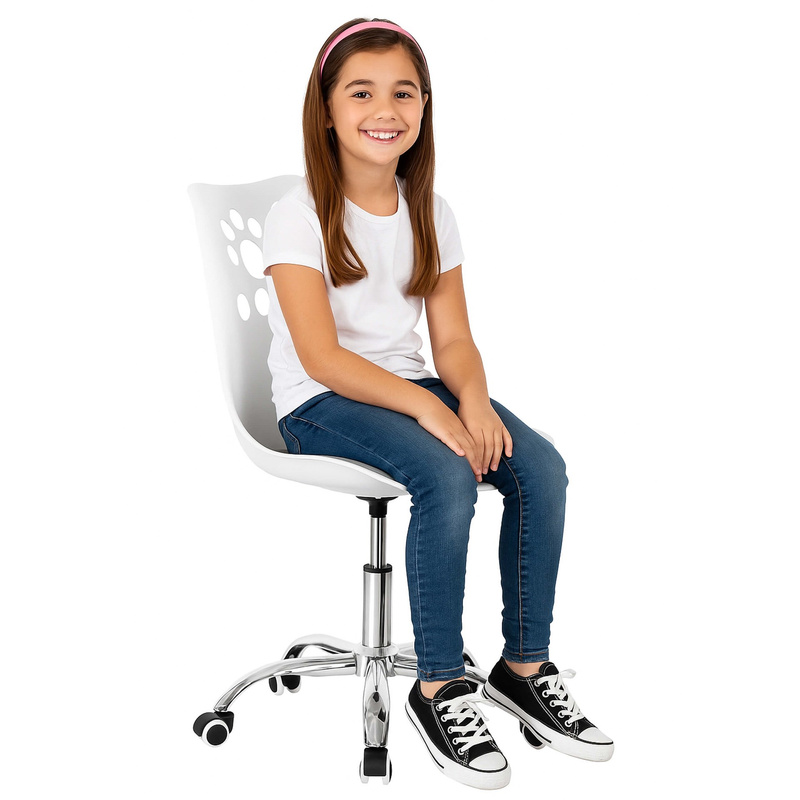 Fotel dziecięcy do biurka, obrotowe krzesło na kółkach regulowane dla dzieci do nauki, biało-szare
